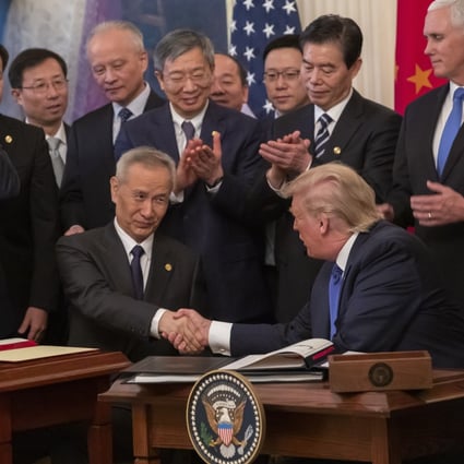 Inside the White House on Wednesday, Chinese Vice-Premier Liu He and US President Donald Trump took part in the signing ceremony for a trade agreement. Outside the White House, a variety of Chinese protesters hoped to draw attention to their issues. Photo EPA-EFE