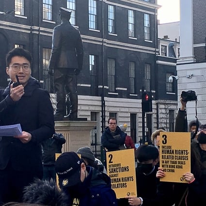 Simon Cheng addresses a crowd protesting outside the Chinese embassy in London on Sunday. Photo: Stuart Lau
