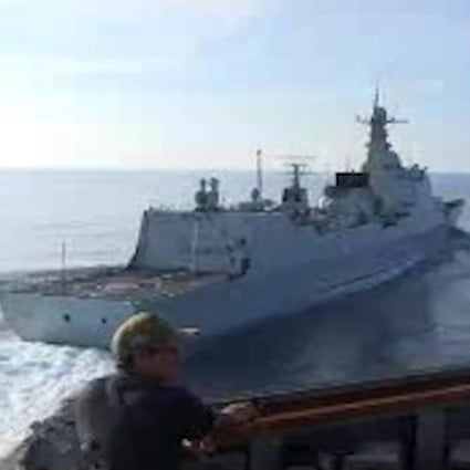 This footage, previously released to the Post by the British Ministry of Defence, shows the two warships narrowly avoiding a collision. The US Navy this week provided the Post with previously unseen footage that experts said appeared to show Chinese sailors preparing for a collision. Photo: British Ministry of Defence