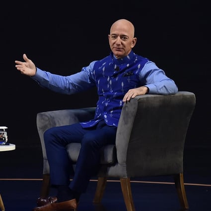 Amazon CEO Jeff Bezos speaks at an Amazon event in New Delhi on January 15. Photo: EPA