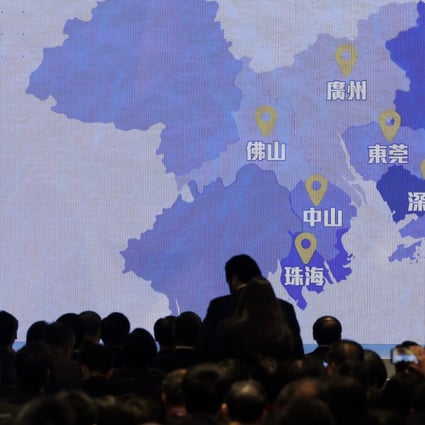 A screen shows a map of Greater Bay Area during a symposium in Hong Kong on February 21, 2019. The region is set to transform the traditional manufacturing hub into an economic powerhouse on its own to rival the Silicon Valley in the US. Photo: AP