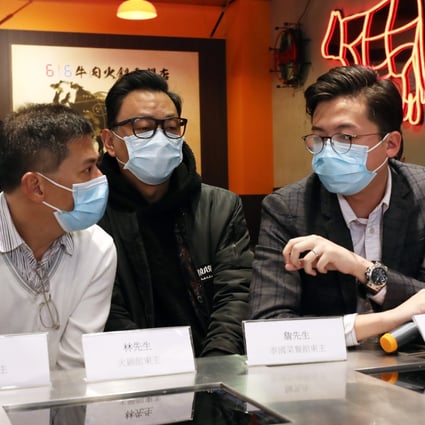 Legislator Tanya Chan (second right) joins bar and restaurant representatives (left to right) Eddie Lam, Sae Ngow Vasunt, Gordon Lam and Cat Hou Chui-shan at a press conference on coronavirus. Photo: Xiaomei Chen