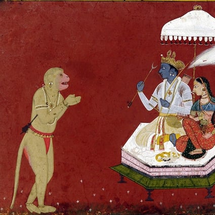 A 17th century painting depicting Hanuman worshipping Lord Rama and his wife Sita.