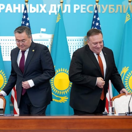 US Secretary of State Mike Pompeo and Kazakh Foreign Minister Mukhtar Tleuberdi at the Ministry of Foreign Affairs in Nur-Sultan, Kazakhstan. Photo: AFP