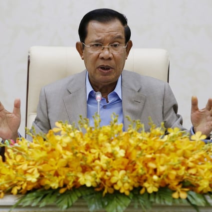 Cambodian Prime Minister Hun Sen gives a speech concerning efforts to contain the coronavirus. Photo: EPA