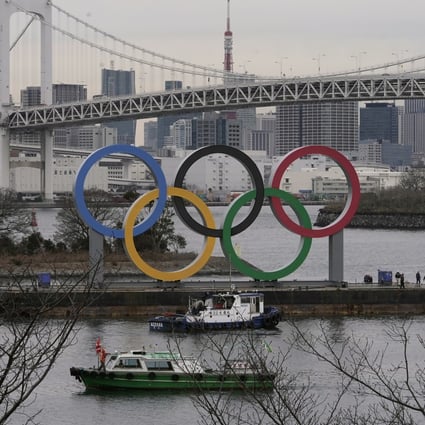 The Olympic Rings monument on a vessel is installed at Odaiba, Tokyo, on January 17. Photo: EPA