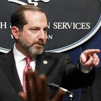 US Health and Human Services Secretary Alex Azar (left) at a news conference in Washington on Friday with (from second left) Deputy Secretary of State Stephen Biegun, Homeland Security Acting Deputy Secretary Ken Cuccinelli (obscured) and Department of Transportation Acting Under Secretary for Policy Joel Szabat. Photo: AP