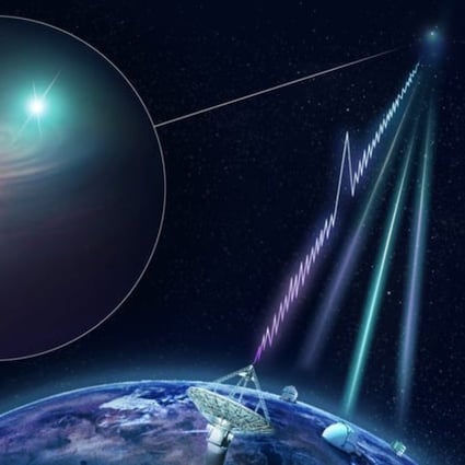 An artist's impression of how ground-based telescopes detected a 'fast radio burst' from a distant galaxy. Photo: CSIRO/Andrew Howells