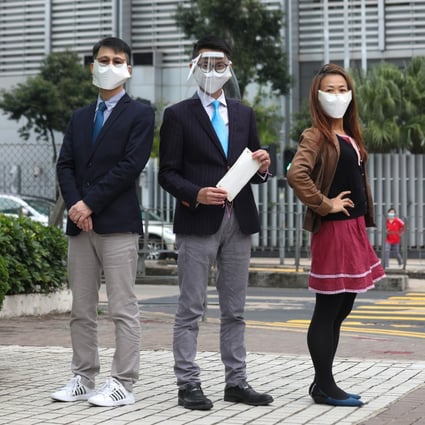 Professor Alvin Lai (left), Dr Joe Fan and Dr Iris Li have invented an easy and cheap method for making home-made masks. Photo: Xiaomei Chen