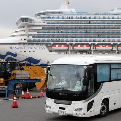 A bus believed to carry elderly passengers of the Diamond Princess cruise ship leaves the cruise terminal in Yokohama on February 14, 2020. Photo: EPA-EFE