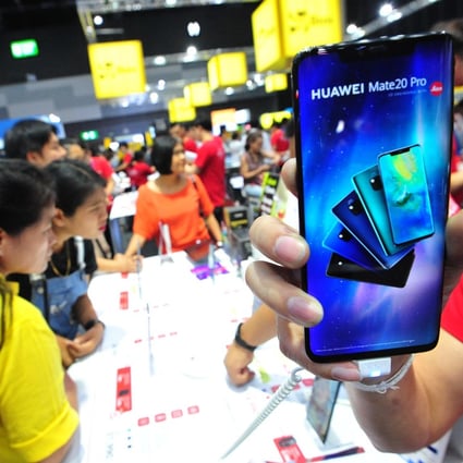 A Huawei Technologies smartphone is displayed at the Thailand Mobile Expo 2019. Thailand’s telecommunications regulator raised US$3.2 billion from its 5G spectrum auction on Sunday. Photo: Xinhua