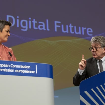 European Commissioner for Internal Market Thierry Breton, right, and Margrethe Vestager, the European Commissioner for Europe fit for the Digital Age, lead the presentation of Europe's Digital Future at the EU headquarters in Brussels, Belgium, on February 19. Photo: AP