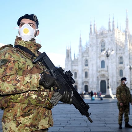 Military officers in face masks stand outside the Duomo cathedral, which was closed by authorities due to the coronavirus outbreak, in Milan on Monday. Photo: Reuters