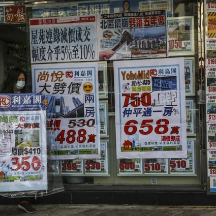 A property agency staff set the advertising board in front of the shop in Yuen Long on 17 February 2020. Photo: KY Cheng