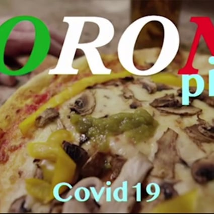 A screen grab from a mock ad by French television channel Canal+ that shows a chef coughing green phlegm over a “corona pizza”. Photo: Canal+ via Twitter