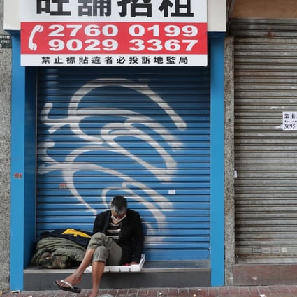 A homeless man sits in front of a vacant shop unit in Mong Kok. Photo: Edmond So