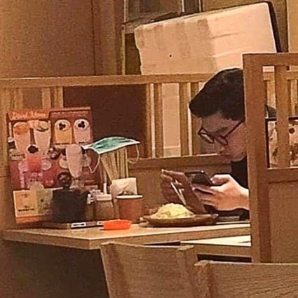 A photograph showing a man eating at Ca-Tu-Ya restaurant has gone viral after online users noticed he had left his face mask on top of unused chopsticks. Photo: Handout