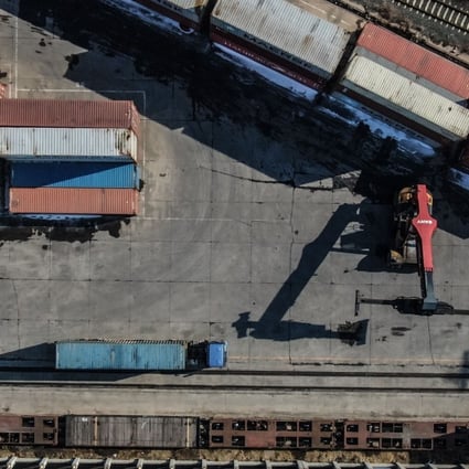 Aerial photo taken on March 5, 2020 shows containers at a logistic station of Shenyang East Railway Station in Shenyang, northeast China's Liaoning Province. Photo: Xinhua