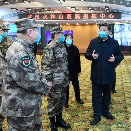 Chinese President Xi Jinping speaks to military staff at the Huoshenshan temporary hospital in Wuhan. Photo: Reuters