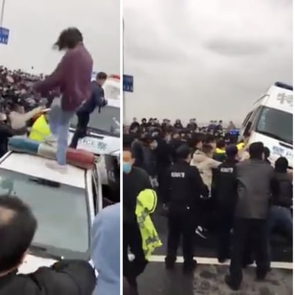 Police officers clashed with each other and the public on Friday on a bridge separating the provinces of Hubei and Jiangxi. Photo: Weibo