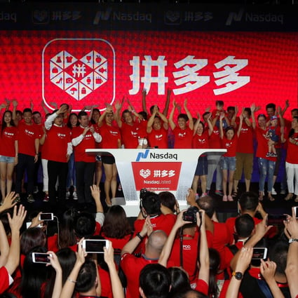 Users of online group discounter Pinduoduo wave after ringing the opening bell on the Nasdaq Stock Market in New York during an event in Shanghai, China on July 26, 2018 to mark the company's listing on Nasdaq. Photo: Reuters