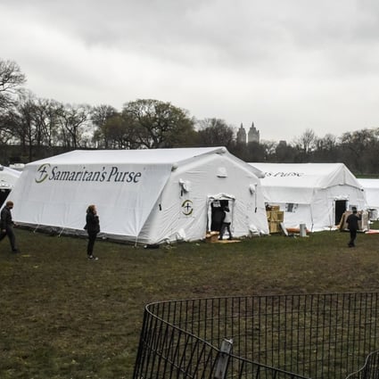 An emergency field hospital is set up in New York’s Central Park to treat patients with Covid-19, the illness caused by the new coronavirus. Photo: AFP