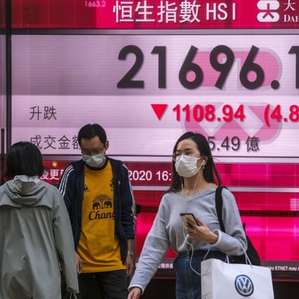 Pedestrians wearing face mask walk past a bank electronic board billboard displaying the Hang Seng Index in Central on March 23, 2020. Photo: Edmond So