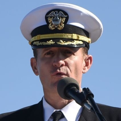 Captain Brett Crozier addresses the crew for the first time as commanding officer of the aircraft carrier USS Theodore Roosevelt in November. Photo: US Navy via AFP