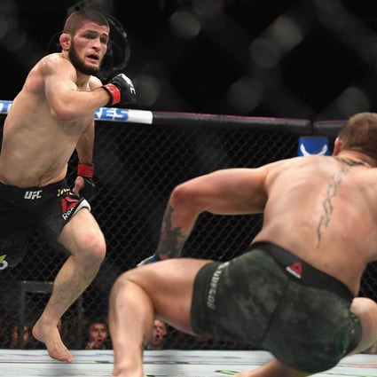 Khabib Nurmagomedov chases down Conor McGregor in their UFC lightweight championship bout at UFC 229. Photo: AFP