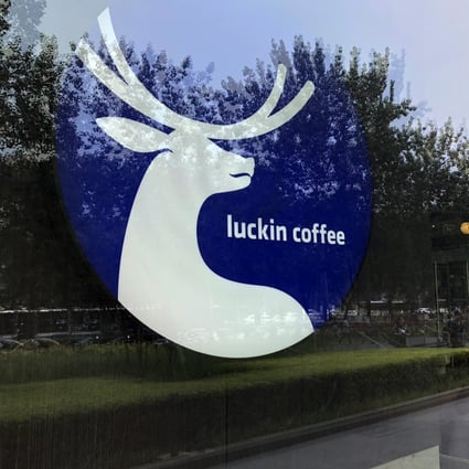 The logo of Chinese coffee chain Luckin Coffee in Beijing on August 2, 2018. Photo: Simon Song