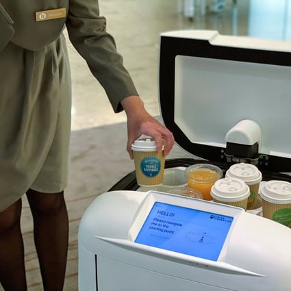 A Genie robot is already serving 130 to 150 meals a day at L’hotel Island South in Wong Chuk Hang. The hotel will have three such robots by mid-April. Photo: Handout