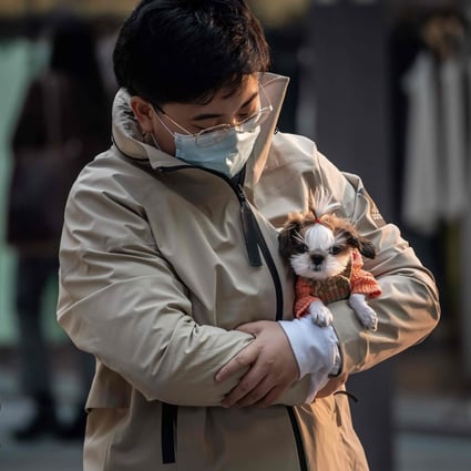A man cradles his dog on a walk at a shopping centre in Beijing on April 9, 2020. Photo: Agence France-Presse)