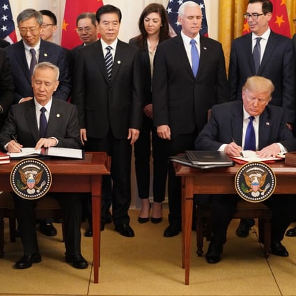 US President Trump and China’s Vice-Premier and chief negotiator Liu He signed the phase one trade deal at the White House in January 2020. Photo: Xinhua