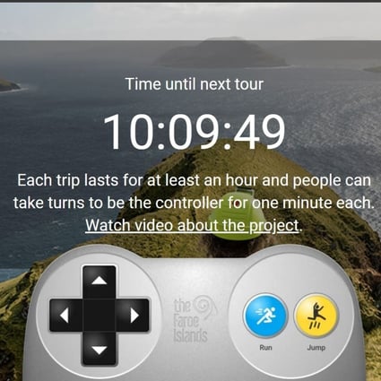 A screenshot showing the gamer-style controls and the countdown to the next virtual tour of the Faroe Islands. Photo: Visit Faroe Islands