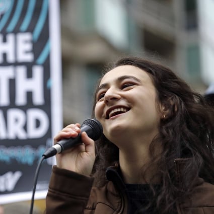 Colombian-American climate change activist Jamie Margolin speaks during a rally in Seattle in support of a high-profile climate change lawsuit in October 2018. Zero Hour, a youth-led climate group of which she is a leader, is one of the organisers of Earth Day Live, which starts Wednesday. Photo: AP