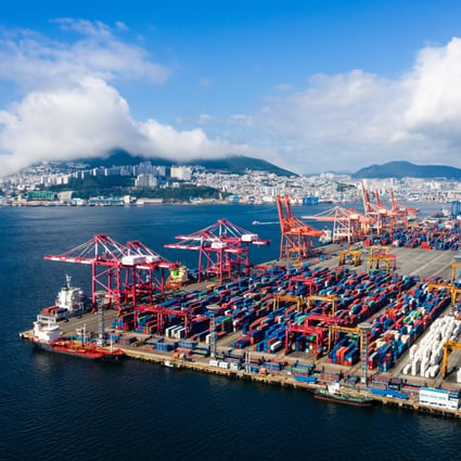 An aerial picture of shipping containers at Busan Port Terminal. Demand for logistics assets are bringing APG, CPPIB and ESR funds together again as pandemic changes spending and shopping habits in the region. Photo: Bloomberg