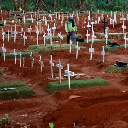 A municipality worker walks among graves at a cemetery complex for coronavirus victims in Jakarta. The country’s official death toll is 765 but data suggests it is much higher. Photo: Reuters