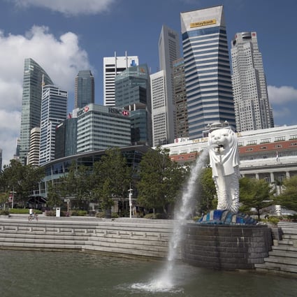The Merlion Park waterfront stands empty in Singapore, as citizens and visitors stay away during the coronavirus circuit breaker measures, which are having a negative impact on economic activity in the city state. Photo: Bloomberg