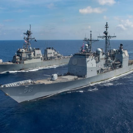 The USS Bunker Hill (front) and the USS Barry have been conducting operations in the South China Sea. Photo: US Navy