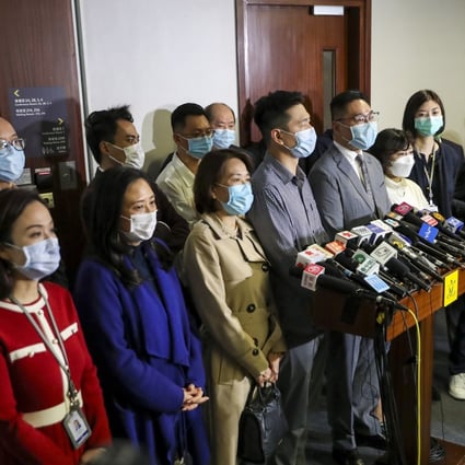 Pro-Beijing lawmakers meet the media after a House Committee meeting in the Legislative Council on April 24. Photo: Edmond So