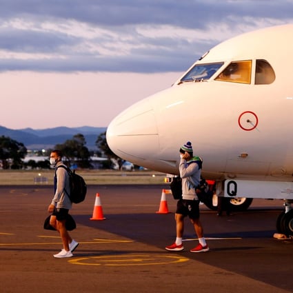 The New Zealand Warriors rugby league team, which received special permission to travel to Australia and self-isolate before taking part in a tournament later in May, arrive in Tamworth. This could pave the way for a trans-Tasman travel bubble. Photo: Reuters