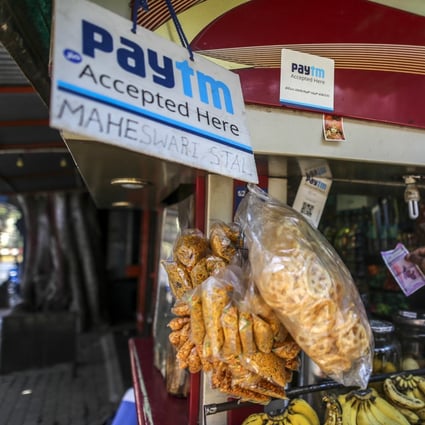 A sign for Paytm at a stall selling snacks in Bangalore, India in February 2017. Chinese tech giant Alibaba and its affiliate Ant Financial are major shareholders of Paytm, India’s most valued start-up. Photo: Bloomberg