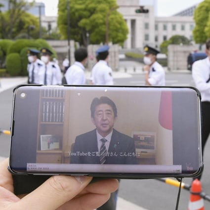 Japanese PM Shinzo Abe addresses supporters on May 3, 2020. Photo: Kyodo