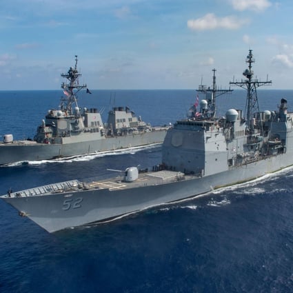 On April 18, the US Navy Ticonderoga-class guided missile cruiser USS Bunker Hill (front) and Arleigh-Burke class guided-missile destroyer USS Barry transit the South China Sea. The presence of both Chinese and American navy ships in the area in recent weeks worries Southeast Asian nations. Photo: US Navy