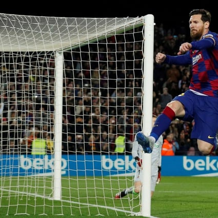Barcelona's Lionel Messi celebrates scoring at the Camp Nou. Photo: Reuters