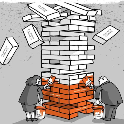 Ongoing decentralisation of manufacturing bases from China to other countries may accelerate, but China’s role in the global supply chain is too big to be replaced, say analysts. Illustration: SCMP