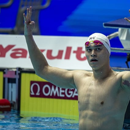 Sun Yang reacts to winning the 400m freestyle final at the 2019 world championships in South Korea. Photo: EPA
