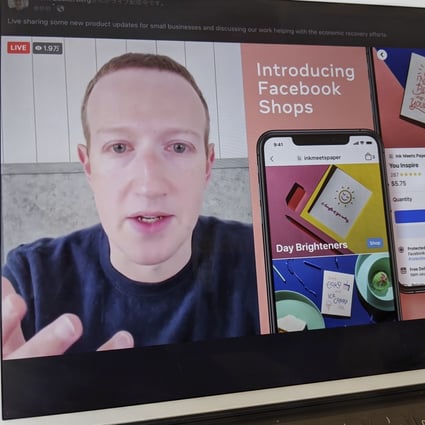 A screen shows Facebook CEO Mark Zuckerberg announcing on May 19, 2020, Facebook Shops, a new e-commerce service that allows businesses to list their products on Facebook and Instagram free of charge. Photo: Kyodo