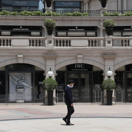Shoppers are noticeably absent from the luxury brand stores at Hong Kong’s 1881 Heritage in Tsim Sha Tsui, a Chinese tourist hotspot, amid the coronavirus outbreak in April. Photo: Nora Tam