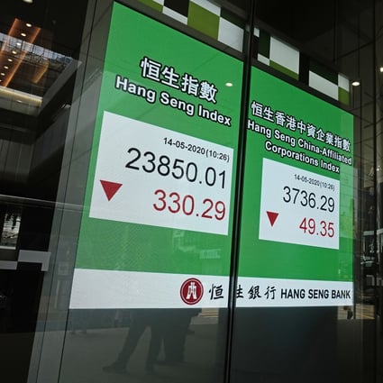 A man wearing face mask walks past a bank electronic board showing the Hong Kong share index. The city is gripped by political tensions following China’s move to introduce a tailor-made security law for Hong Kong. Photo: AP